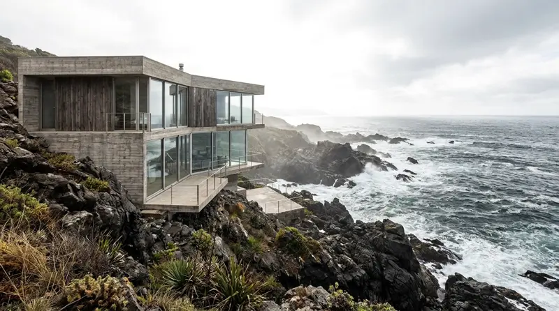 Casa moderna sobre las rocas de la costa del Pacífico con grandes ventanales