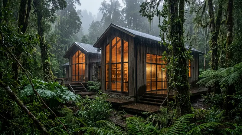 Casa de madera en un bosque lluvioso del sur de Chile con ventanas de acero iluminadas