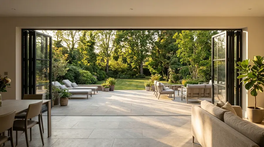 Puertas plegables de acero y vidrio abiertas hacia una terraza y un jardín